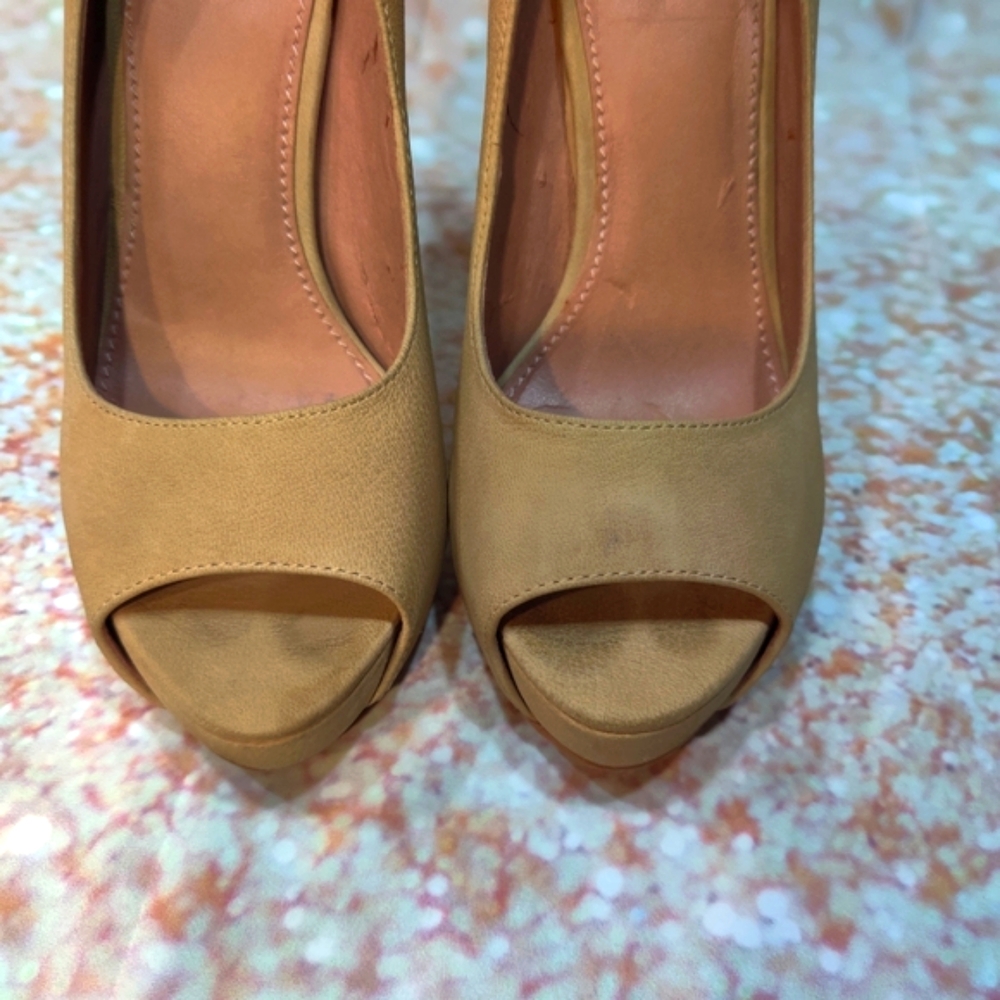 Vince Camuto Tan Leather Peep Toe Studded Heels - Picture 5 of 8